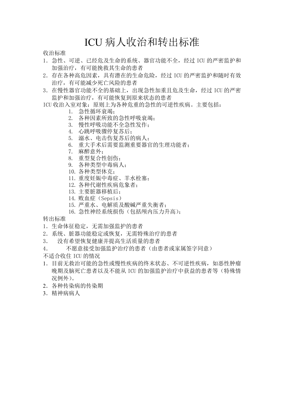 ICU病人收治和转出标准_第1页