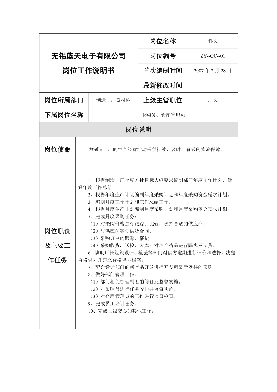 无锡蓝天电子有限公司制造一厂器材科岗位说明书_第1页