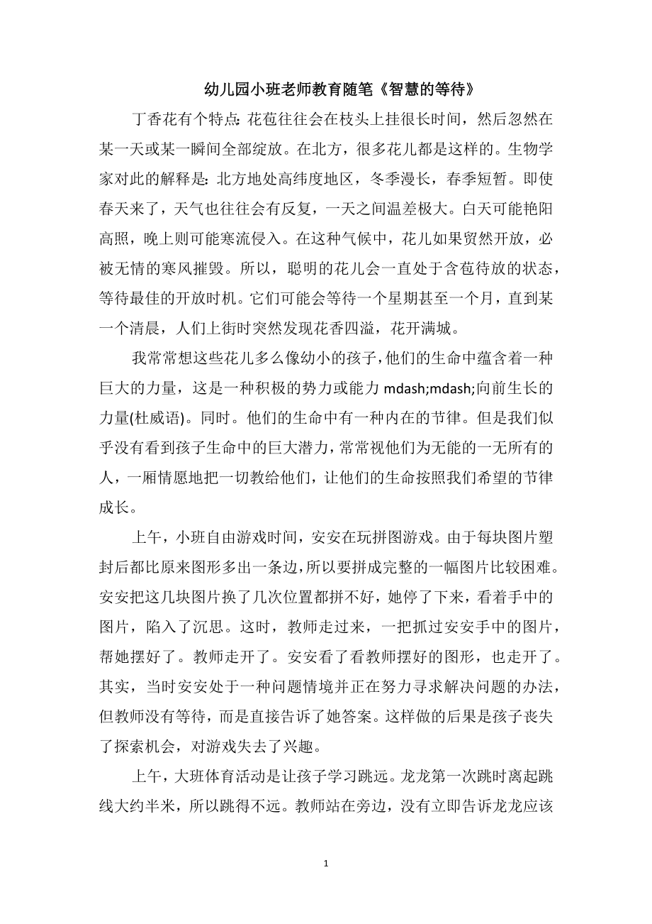 幼儿园小班老师教育随笔《智慧的等待》_第1页