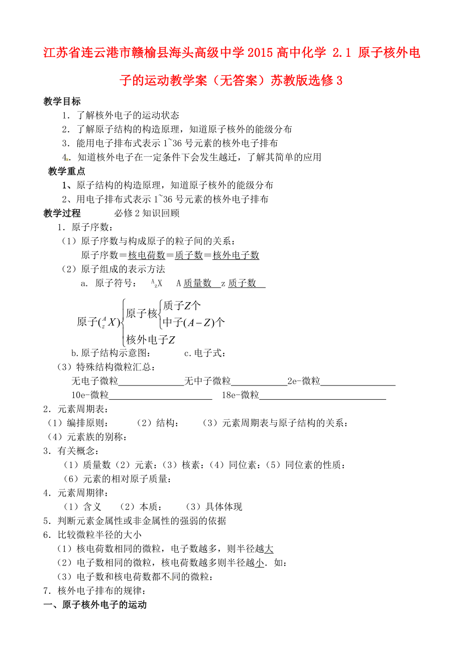 江苏省连云港市赣榆县海头高级中学2015高中化学 2.1 原子核外电子的运动教学案（无答案）苏教版选修3_第1页