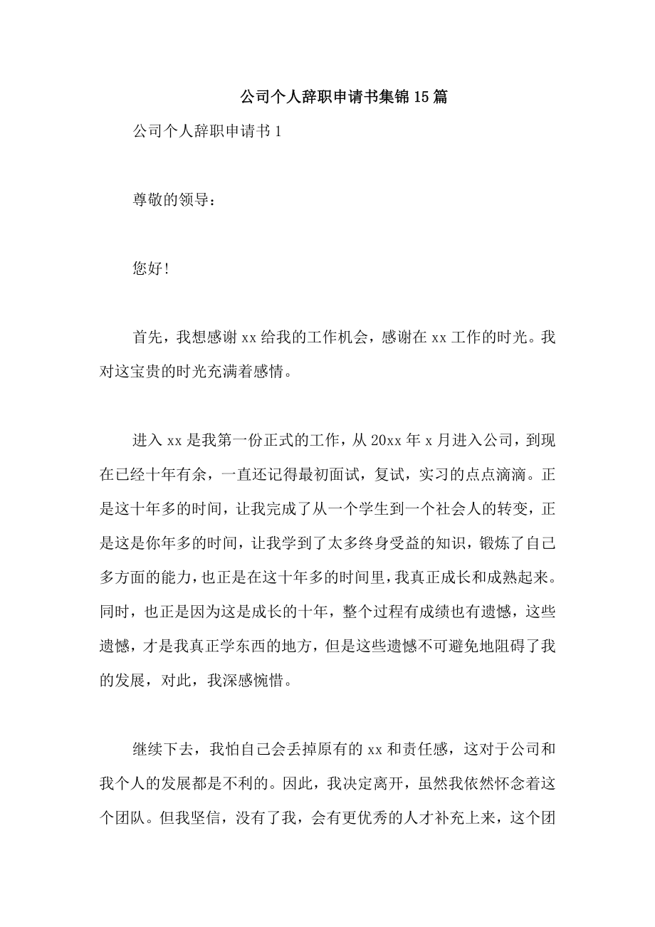 公司个人辞职申请书集锦15篇_第1页