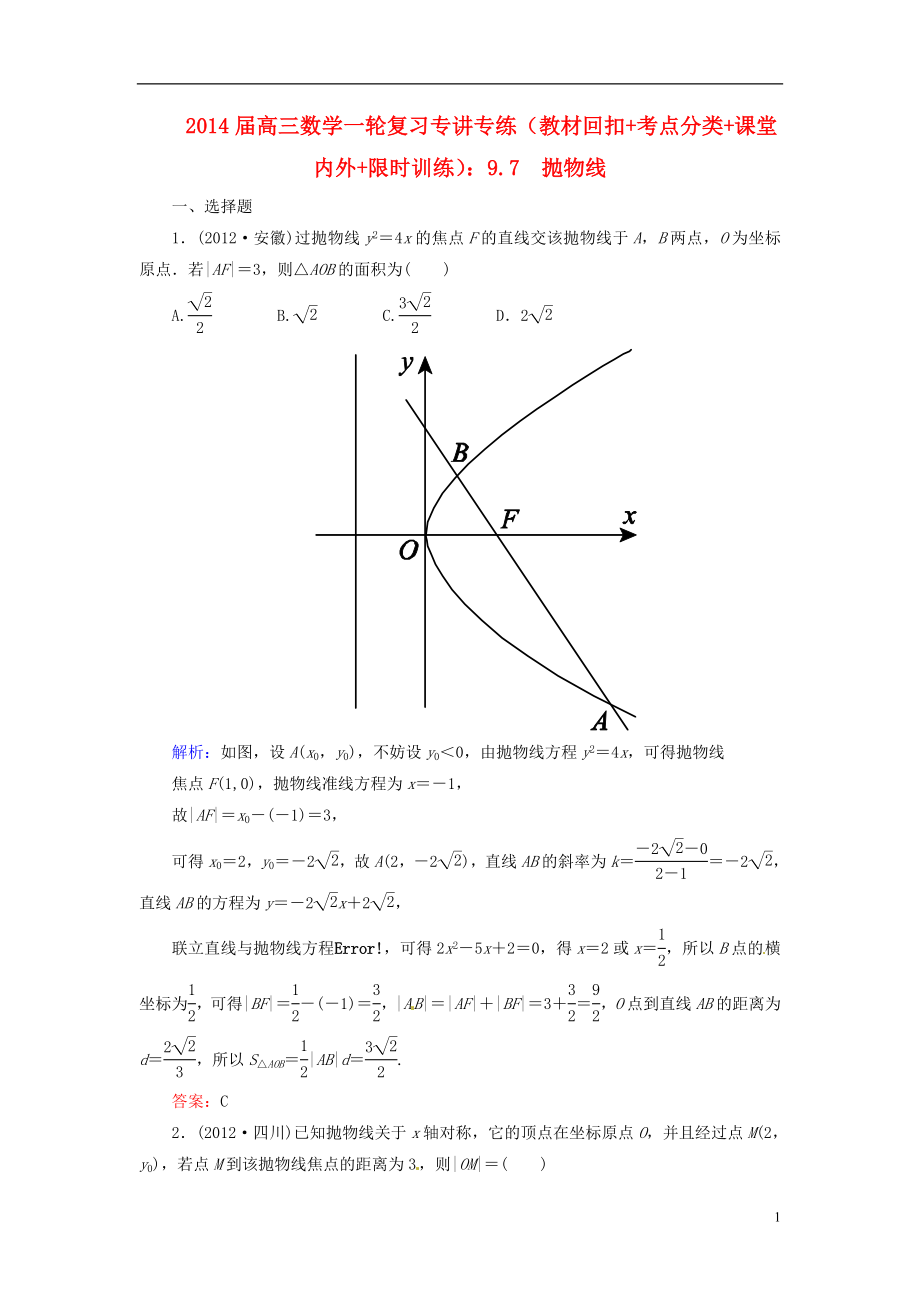 2014届高三数学一轮复习 （教材回扣+考点分类+课堂内外+限时训练）专讲专练 9.7　抛物线_第1页