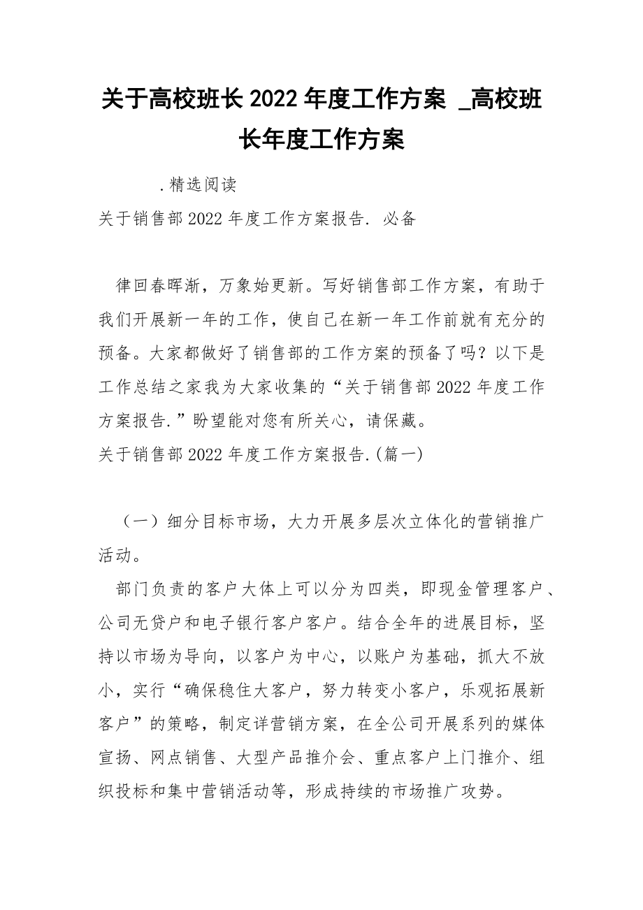关于高校班长2022年度工作方案_第1页