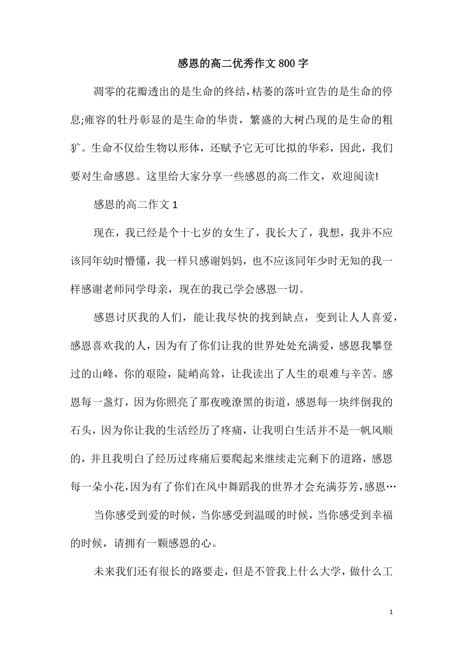 感恩的高二优秀作文800字_第1页