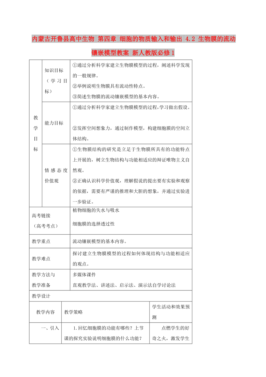 内蒙古开鲁县高中生物 第四章 细胞的物质输入和输出 4.2 生物膜的流动镶嵌模型教案 新人教版必修1_第1页
