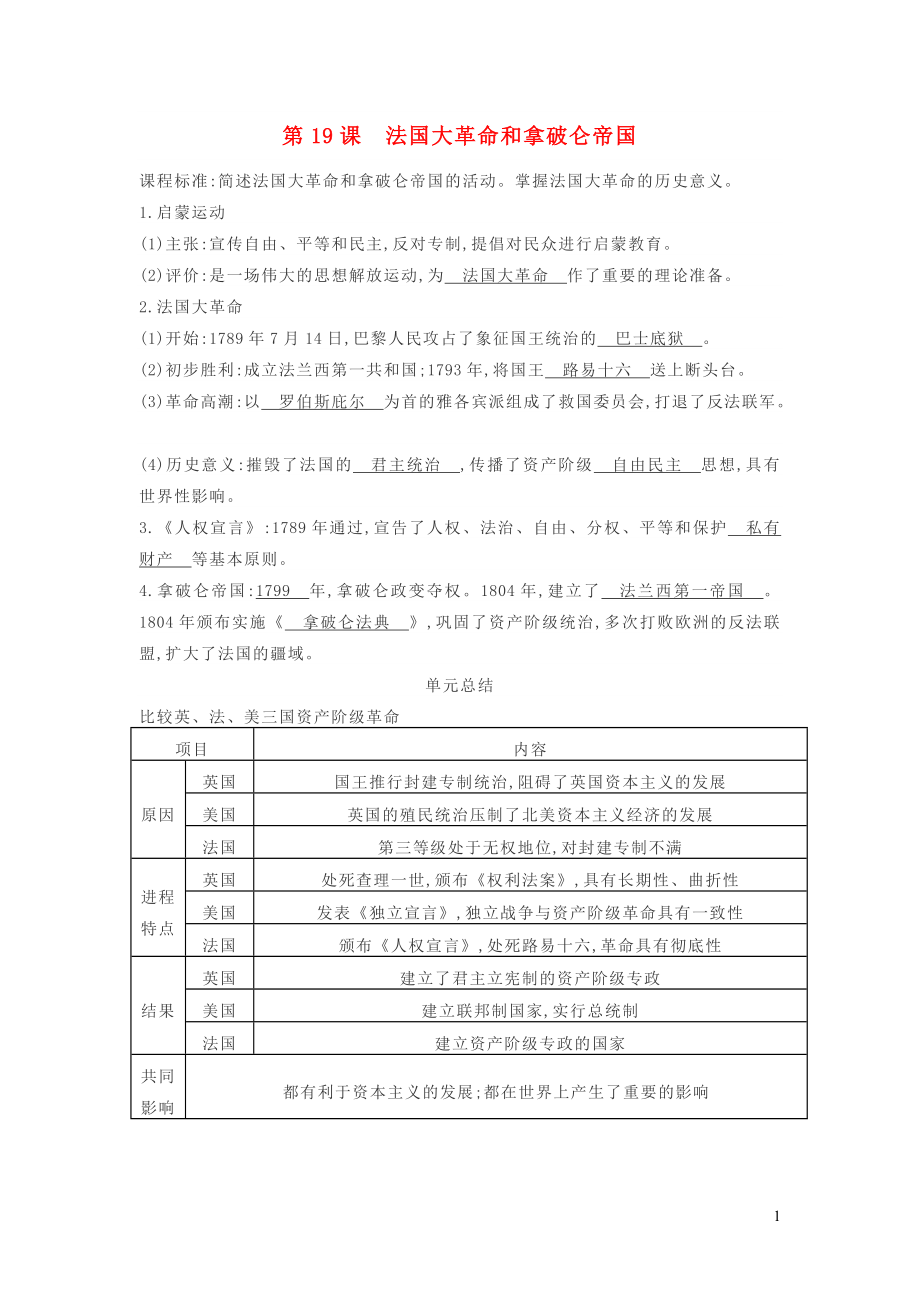 2019秋九年级历史上册第六单元第19课法国大革命和拿破仑帝国知识提纲新人教版20191205279_第1页