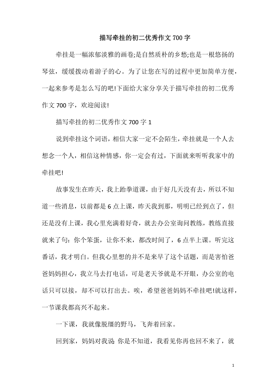 描写牵挂的初二优秀作文700字_第1页