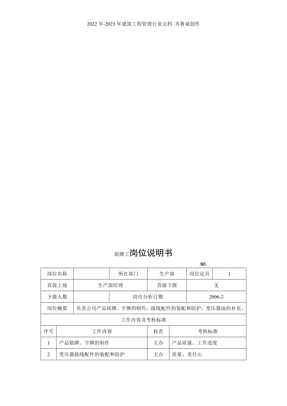 电力集团某大型电气配件企业铭牌工岗位说明书_第1页