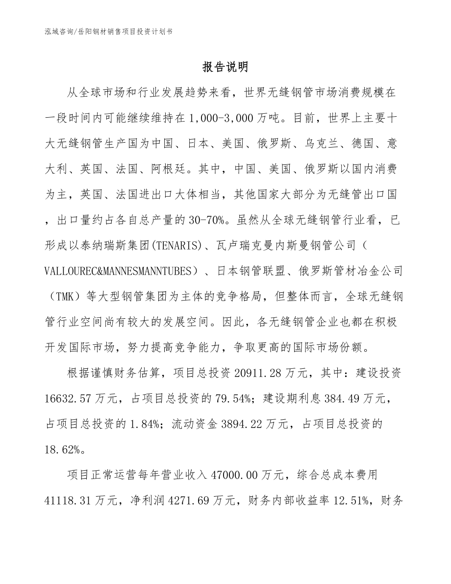 岳阳钢材销售项目投资计划书（模板范文）_第1页