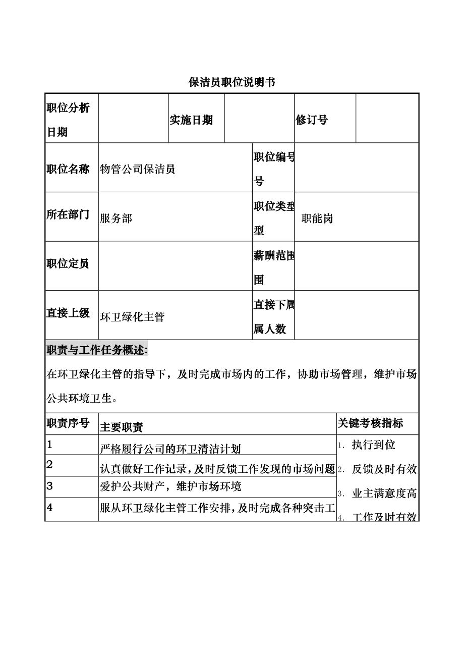 物管行业-服务部-保洁员岗位说明书_第1页