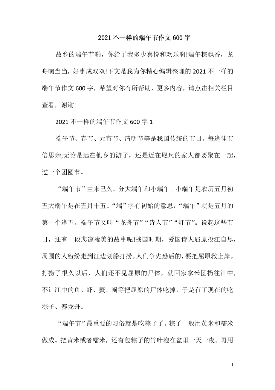 2021不一样的端午节作文600字_第1页