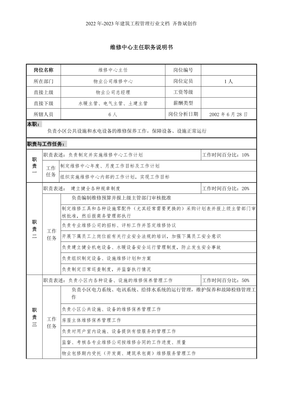 物业公司维修中心主任职务说明书_第1页