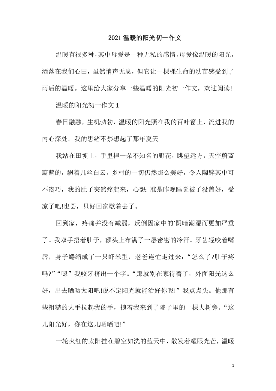 2021温暖的阳光初一作文_第1页