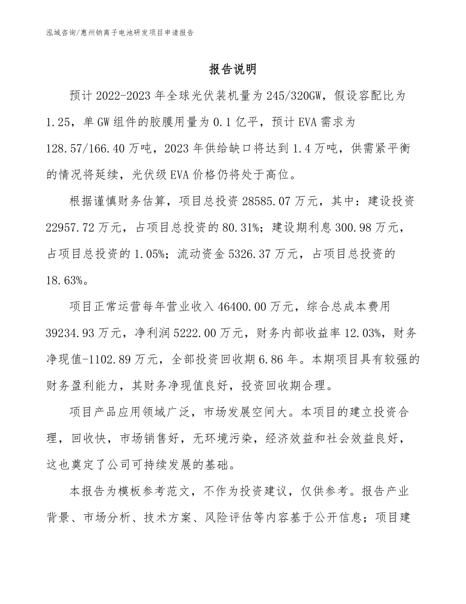 惠州钠离子电池研发项目申请报告_参考模板_第1页