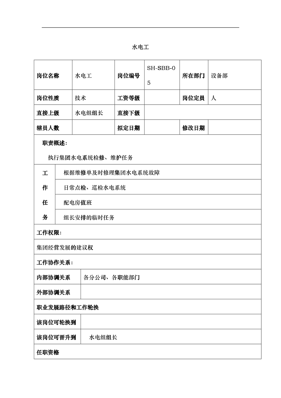 某汽车集团设备部水电工岗位说明书_第1页
