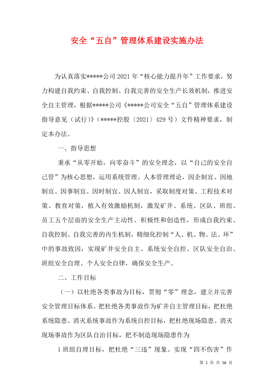 安全“五自”管理体系建设实施办法_第1页