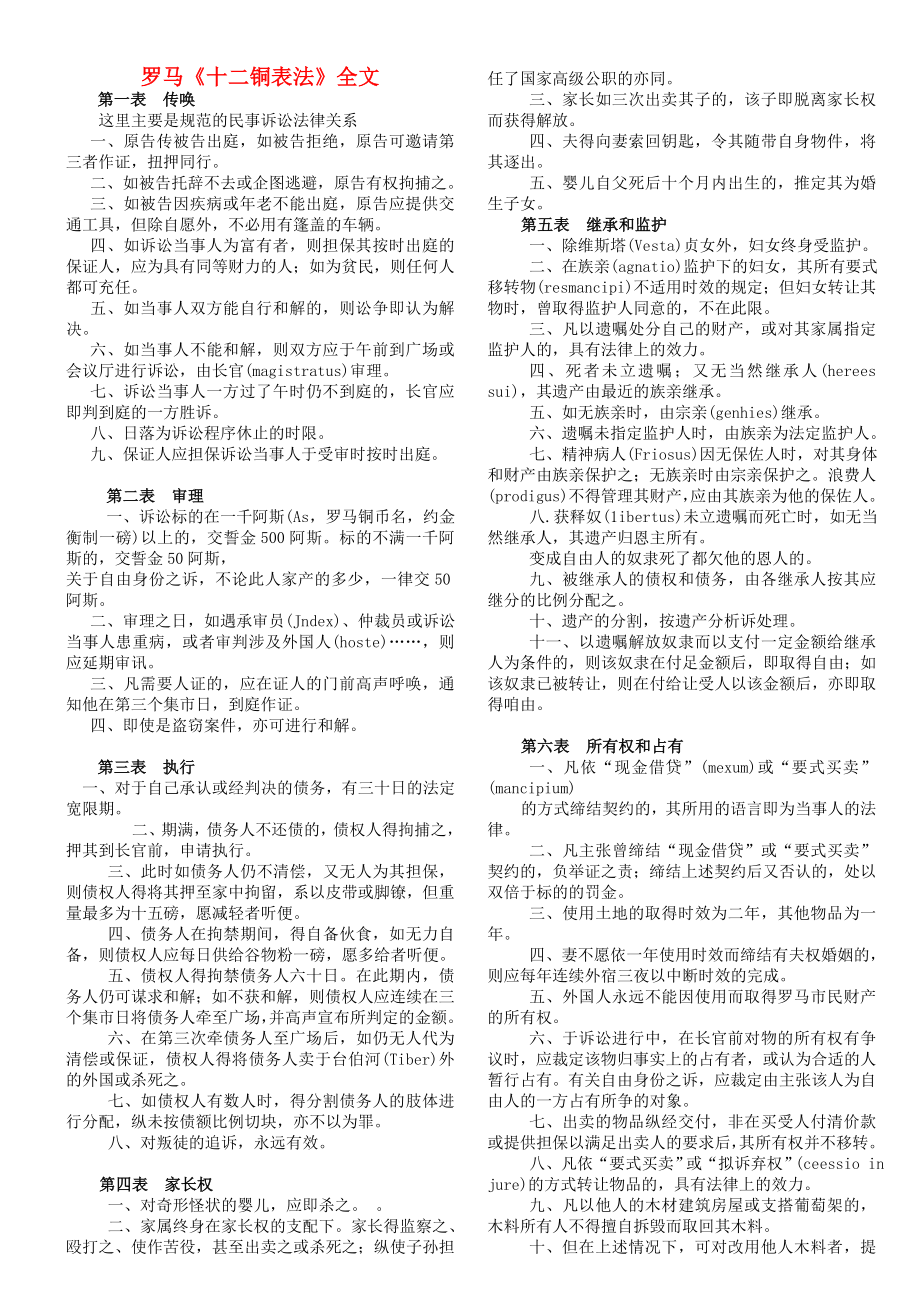 高中历史之历史百科罗马十二铜表法全文素材_第1页