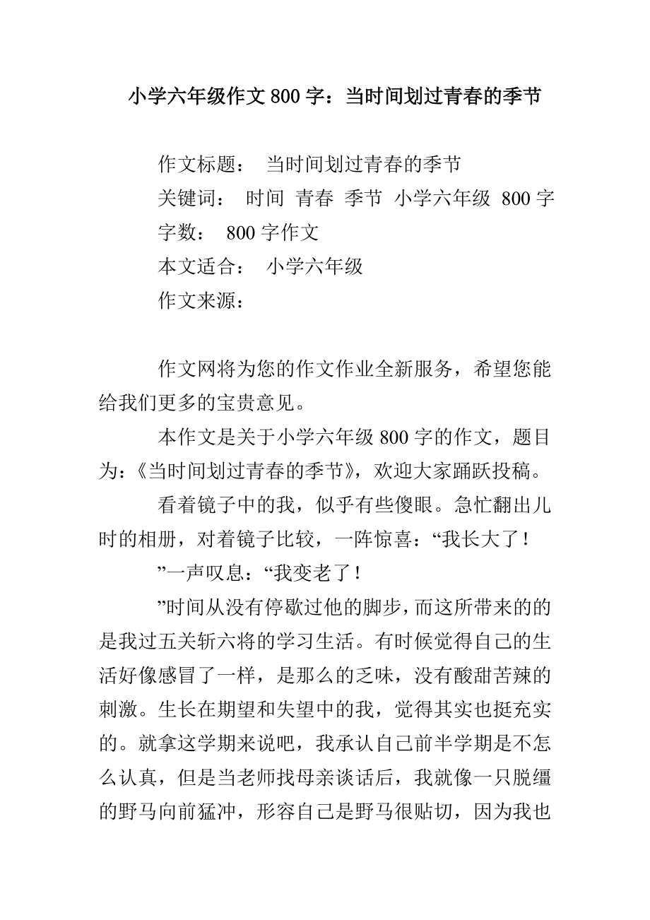 小学六年级作文800字：当时间划过青春的季节_第1页