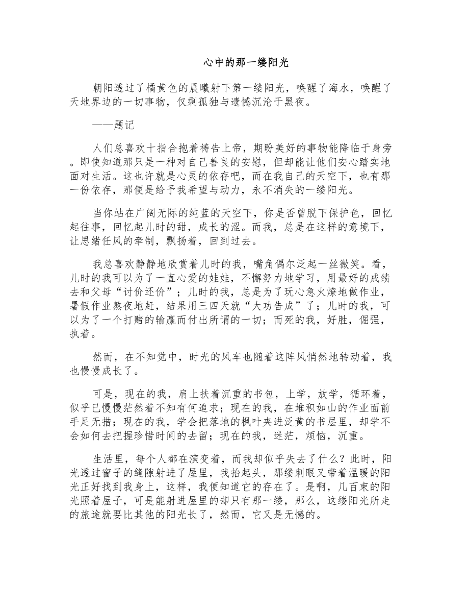 初二状物作文：心中的那一缕阳光_第1页