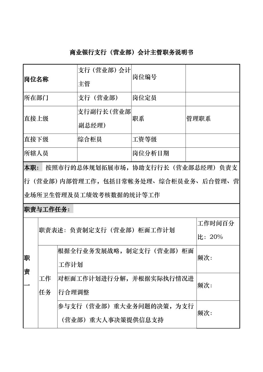 商业银行支行（营业部）会计主管职务说明书_第1页