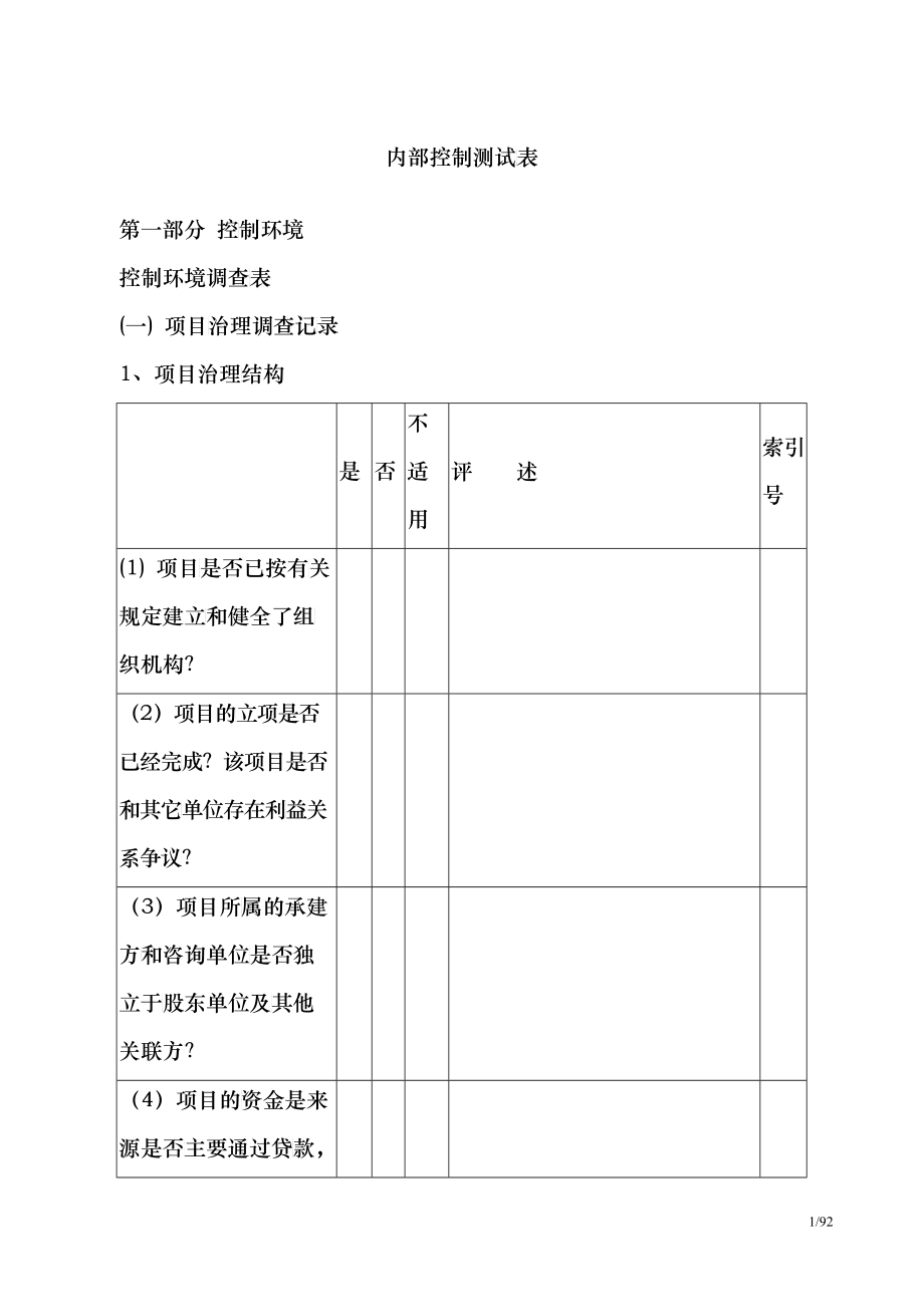 工程项目内部控制制度测试表_第1页