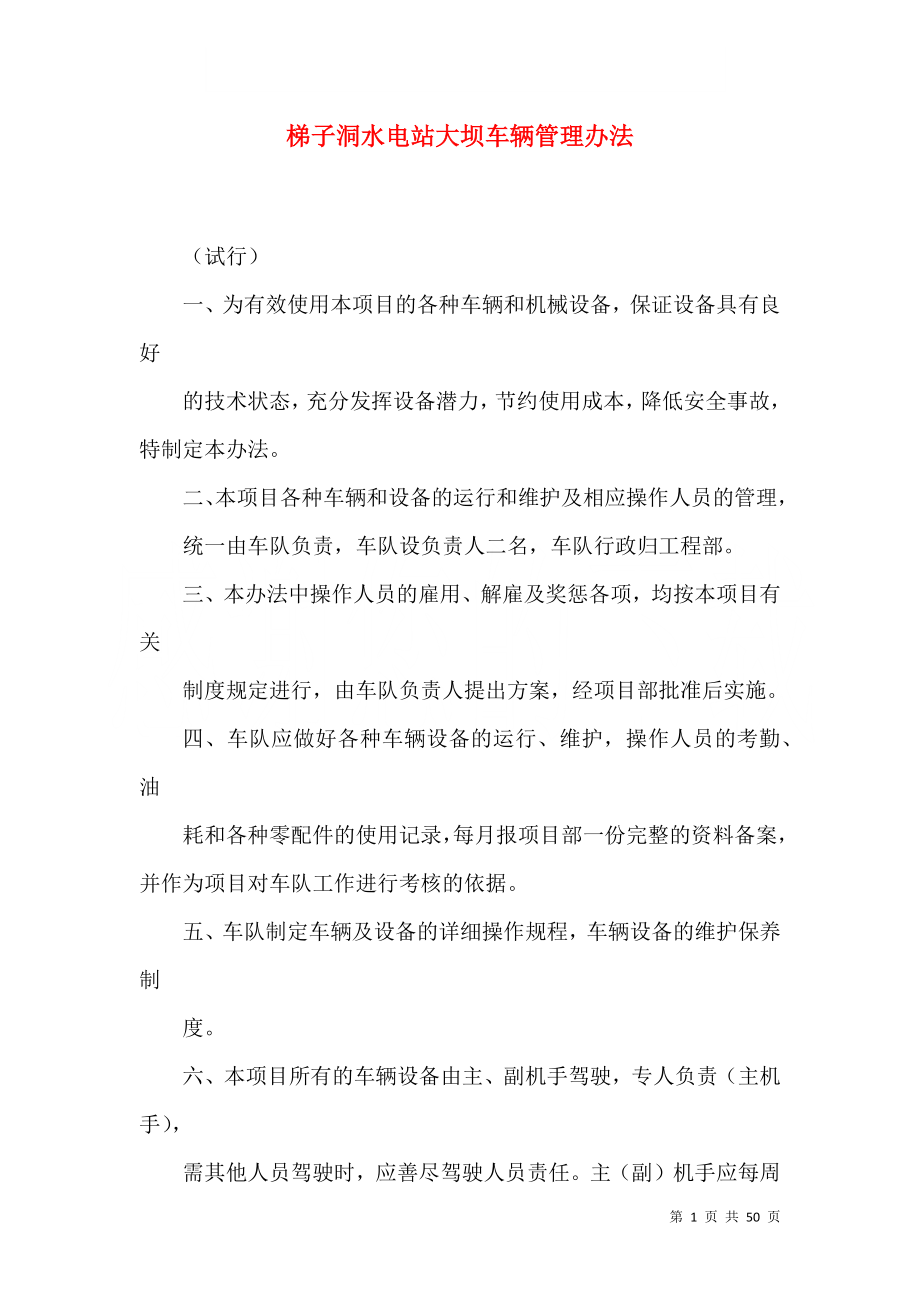 梯子洞水电站大坝车辆管理办法_第1页