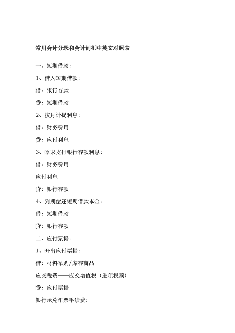 常用会计分录和会计词汇中英文对照表_第1页