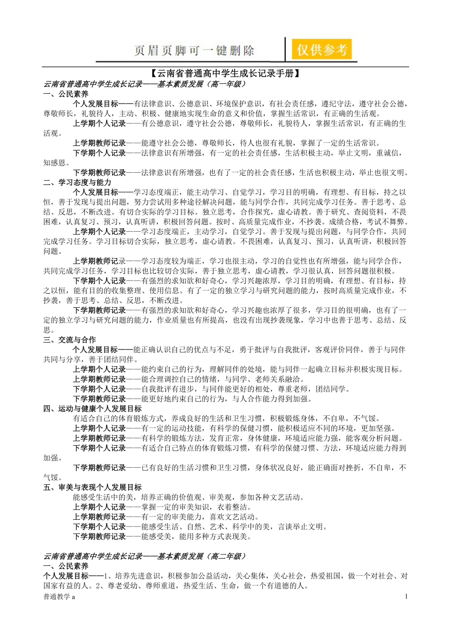 云南省普通高中学生成长记录手册【学校材料】_第1页