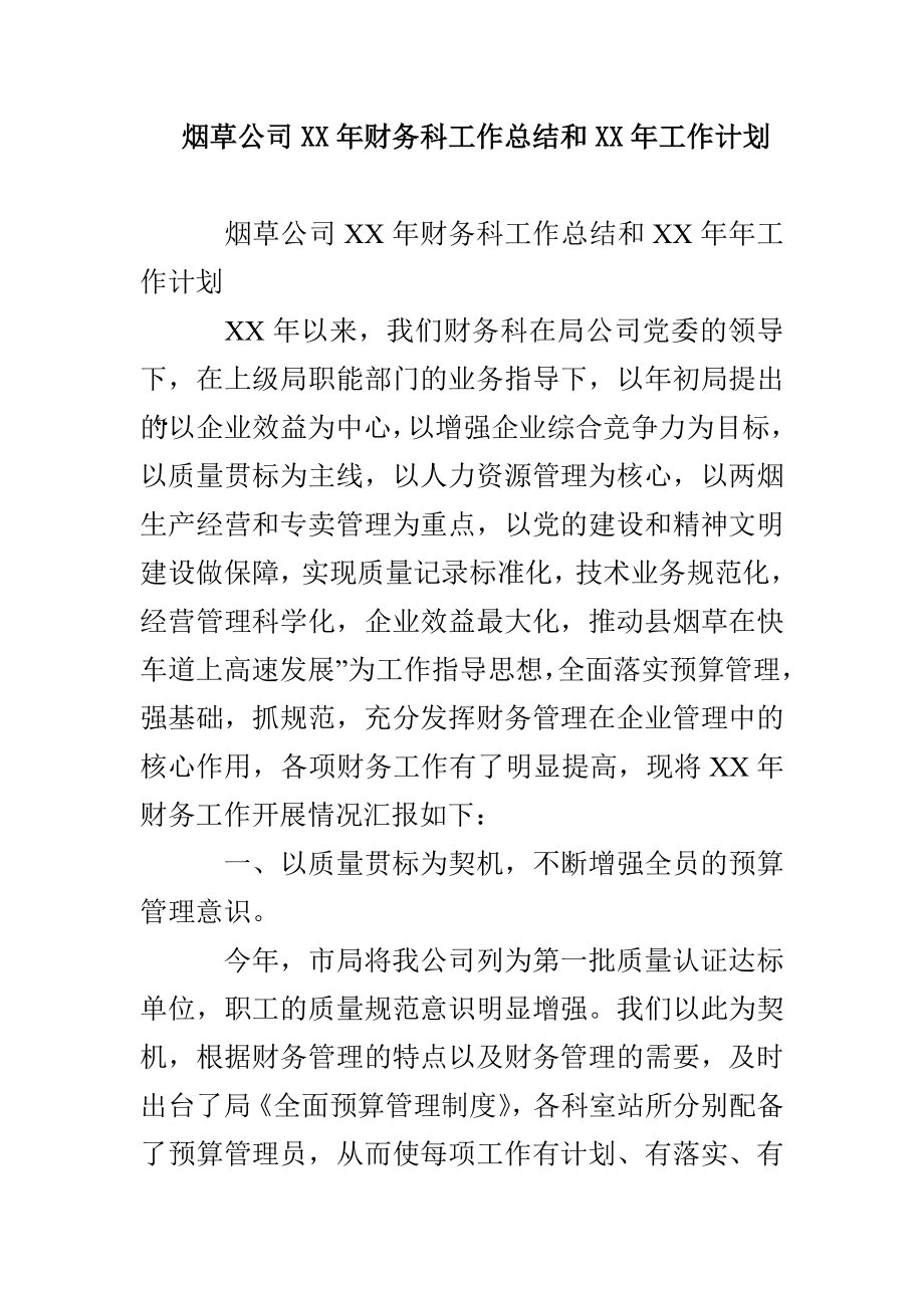 烟草公司XX年财务科工作总结和XX年工作计划_第1页