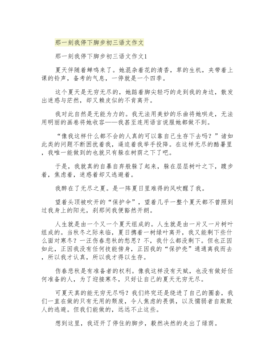 那一刻我停下脚步初三语文作文_第1页