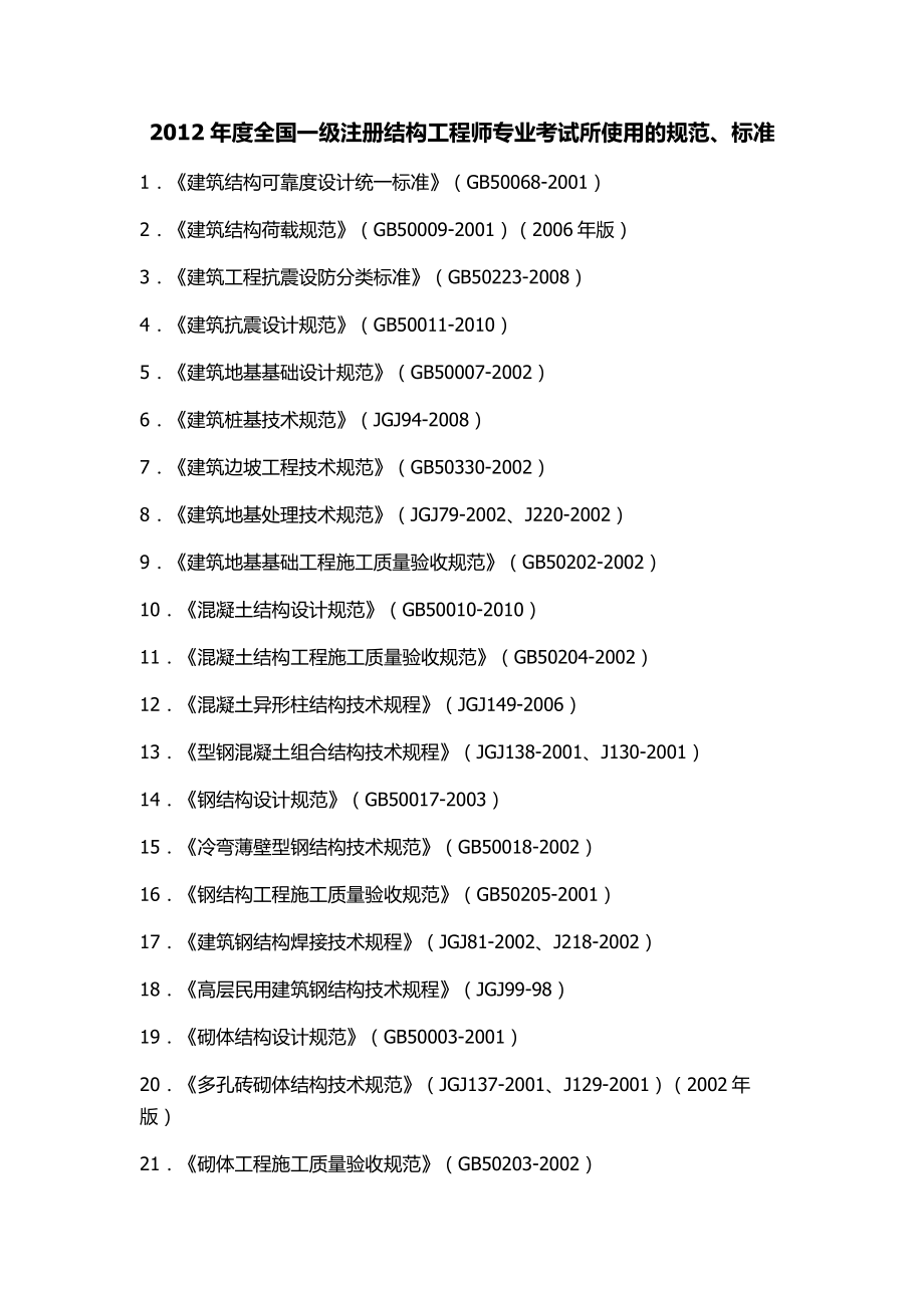 2012年度全国一二级注册结构工程师专业考试所使用的规范_第1页