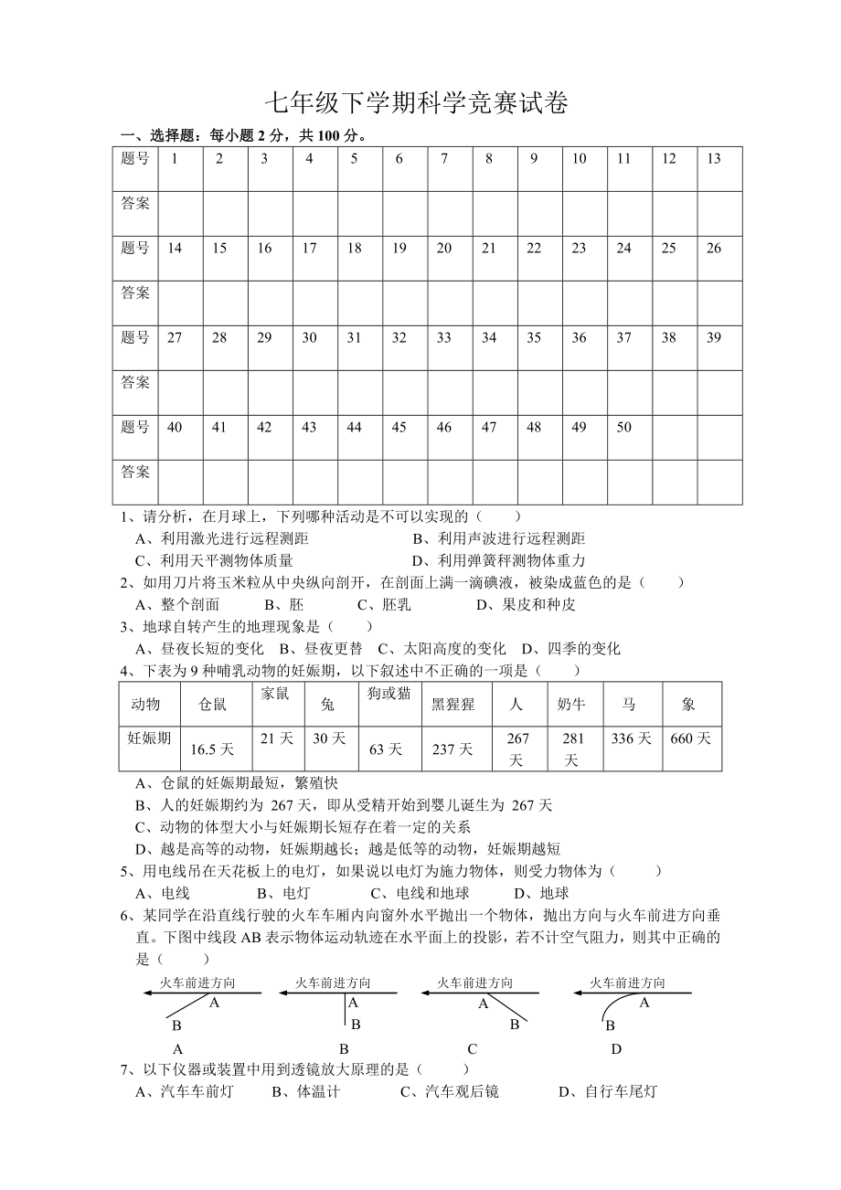 七年级下科学竞赛试题附答案_第1页