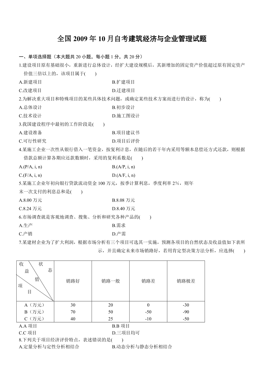 全国自考建筑经济与企业管理历年真题_第1页