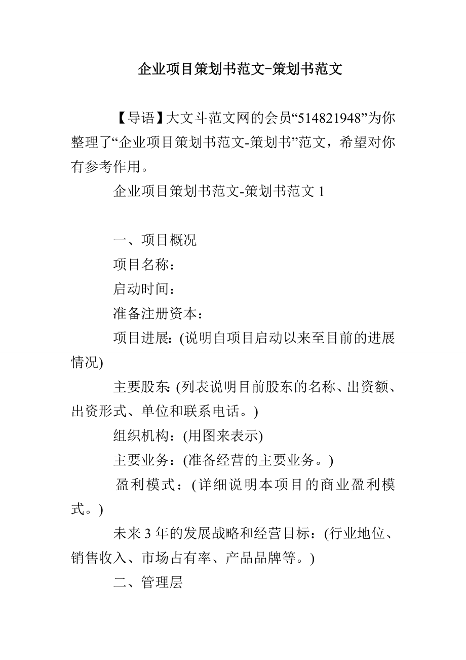 企业项目策划书范文-策划书范文_第1页