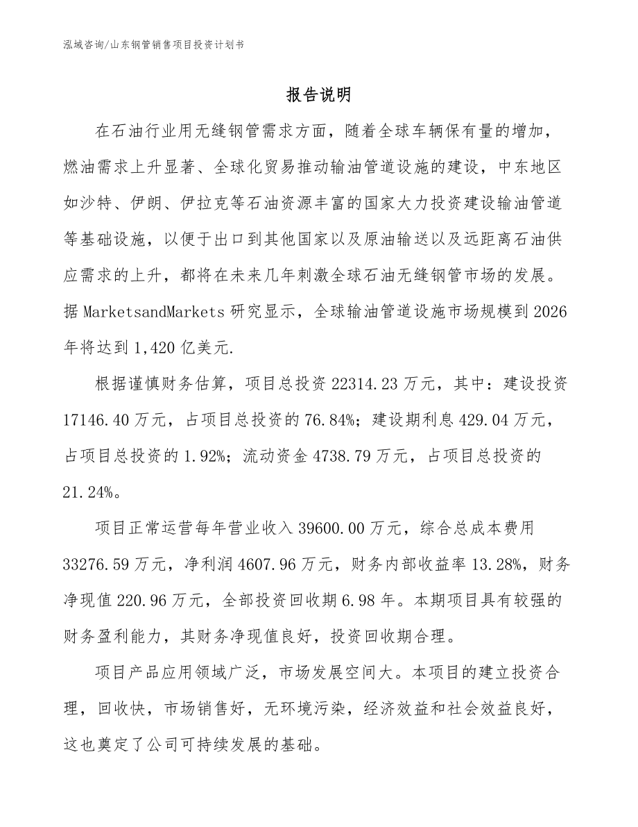 山东钢管销售项目投资计划书（模板参考）_第1页