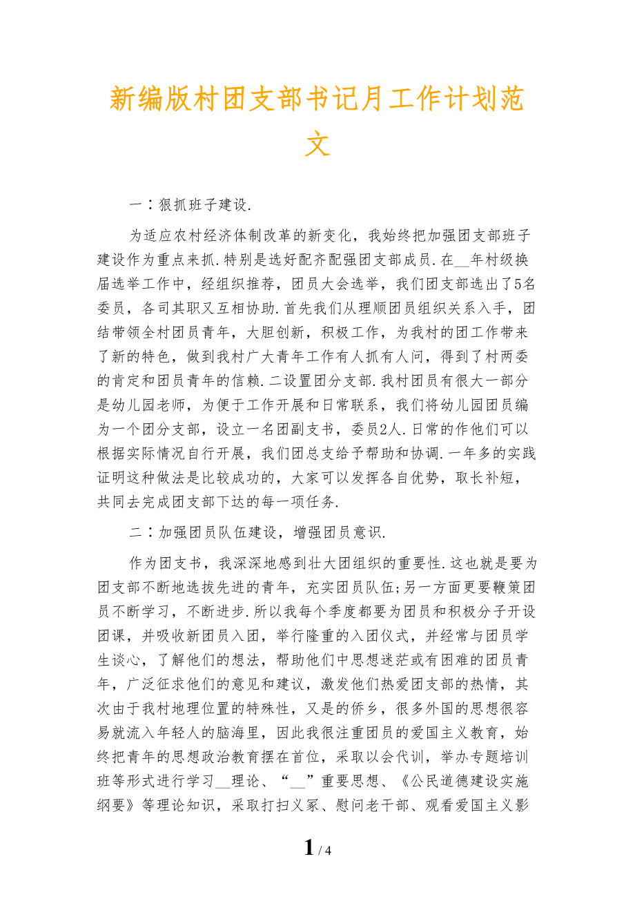 新编版村团支部书记月工作计划范文_第1页