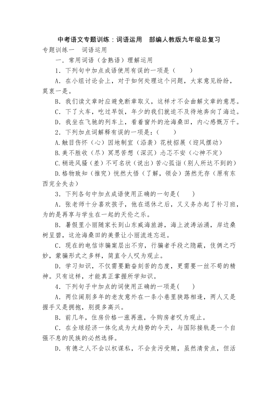 中考语文专题训练：词语运用部编人教版九年级总复习_第1页