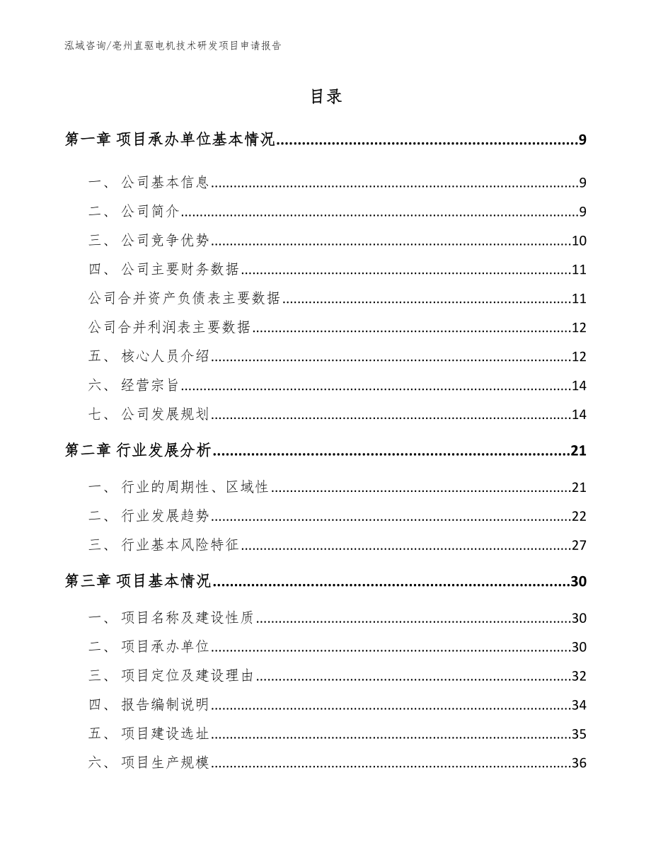 亳州直驱电机技术研发项目申请报告（模板范文）_第1页