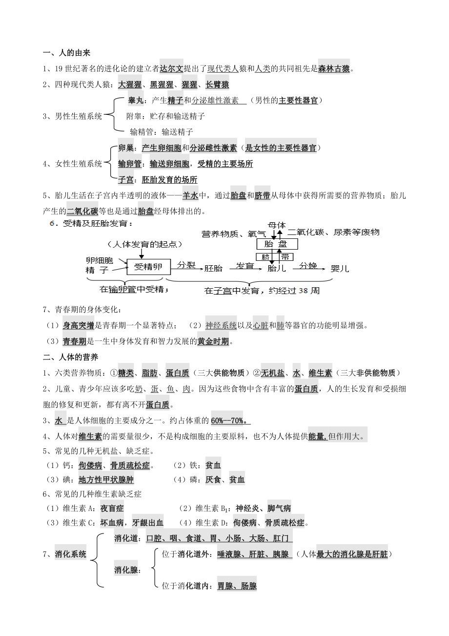 人教版七年级生物下册背诵资料(打印版)_第1页