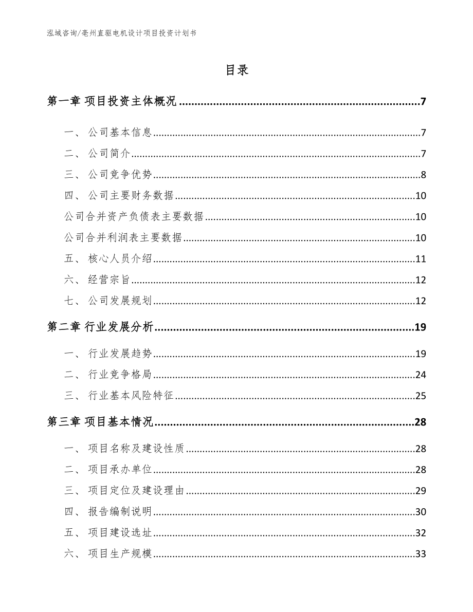 亳州直驱电机设计项目投资计划书【模板】_第1页