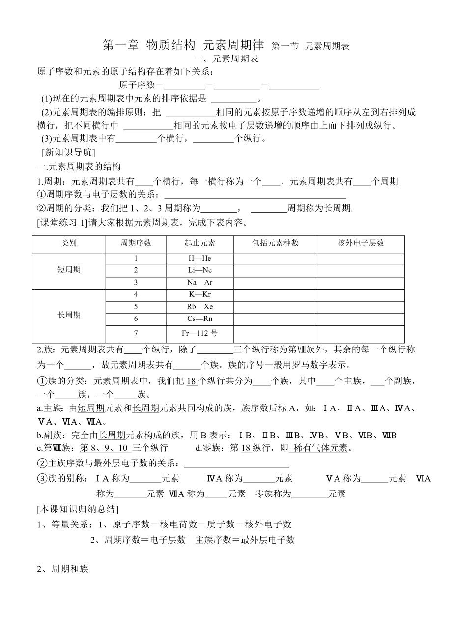 人教版必修2第1章第1节元素周期表全部学案_第1页