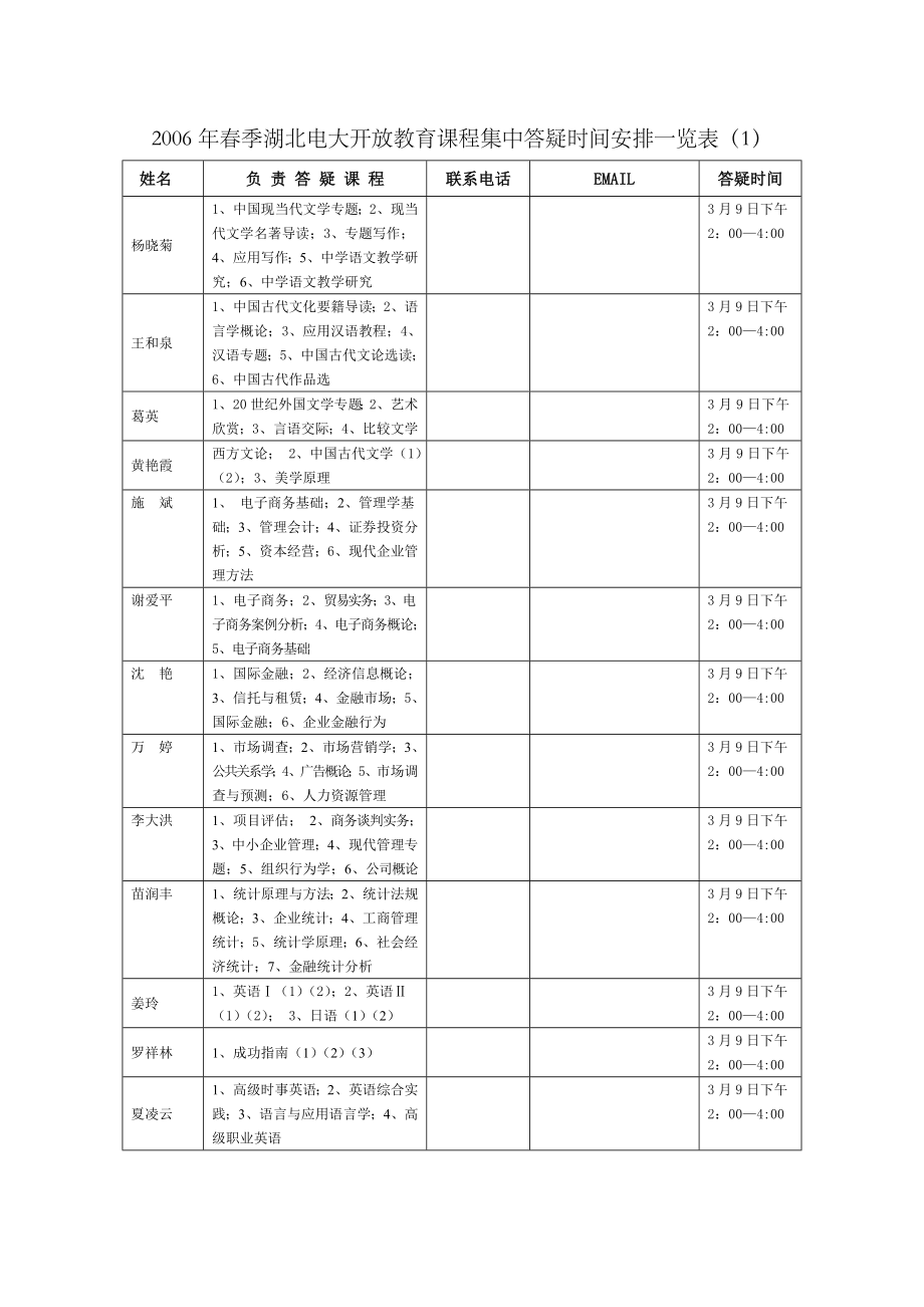 2023年春季湖北电大开放教育课程集中答疑时间安排一览_第1页