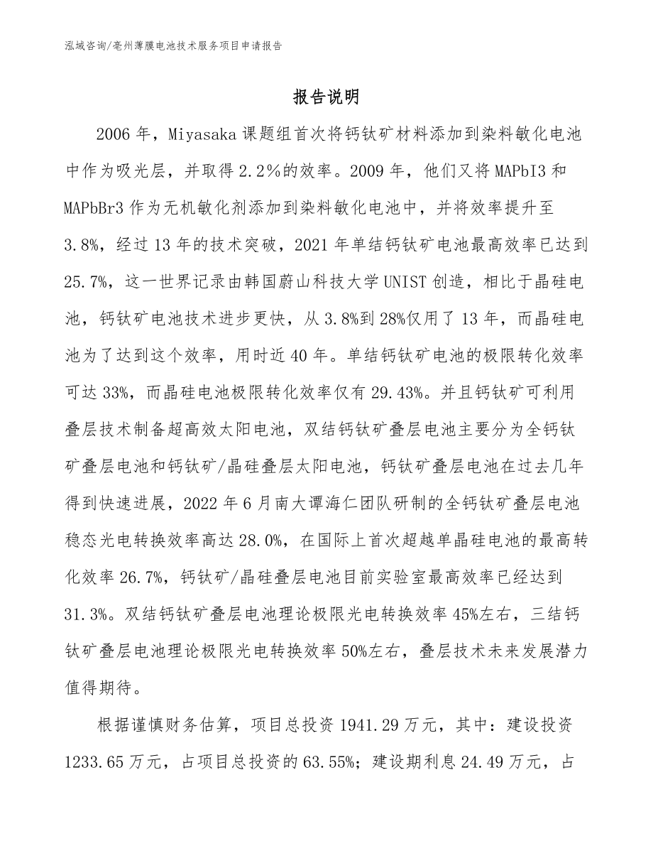 亳州薄膜电池技术服务项目申请报告_第1页