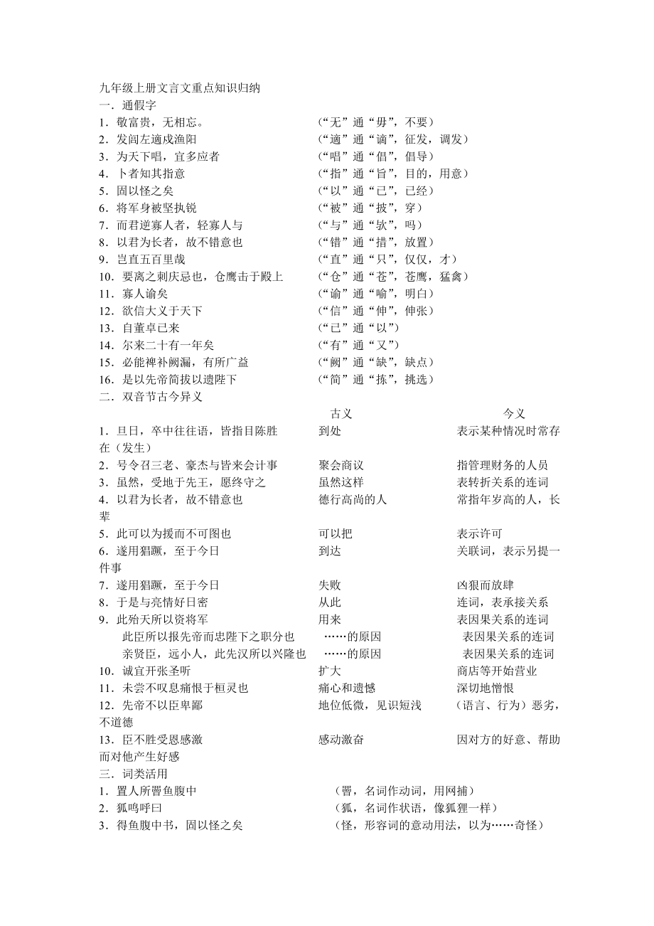 九年级上册文言文重点知识归纳_第1页