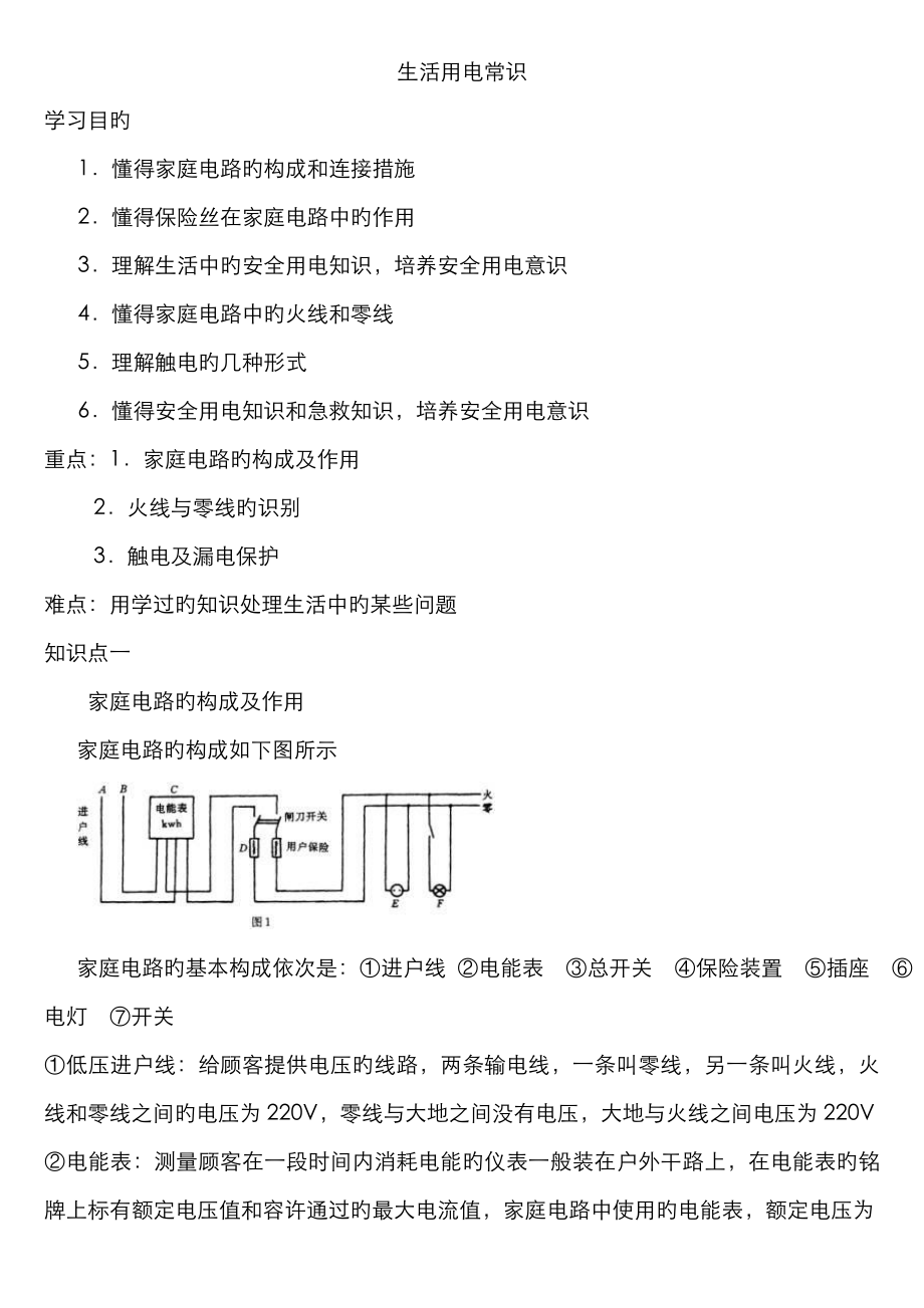 2023年初三物理家庭用电常识知识点梳理及典型例题解析_第1页