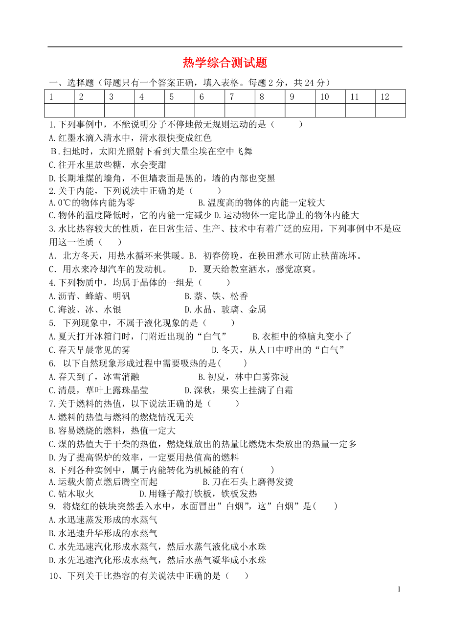 山东省文登区界石中学2016届九年级物理下册热学综合检测题无答案鲁教版五四制_第1页