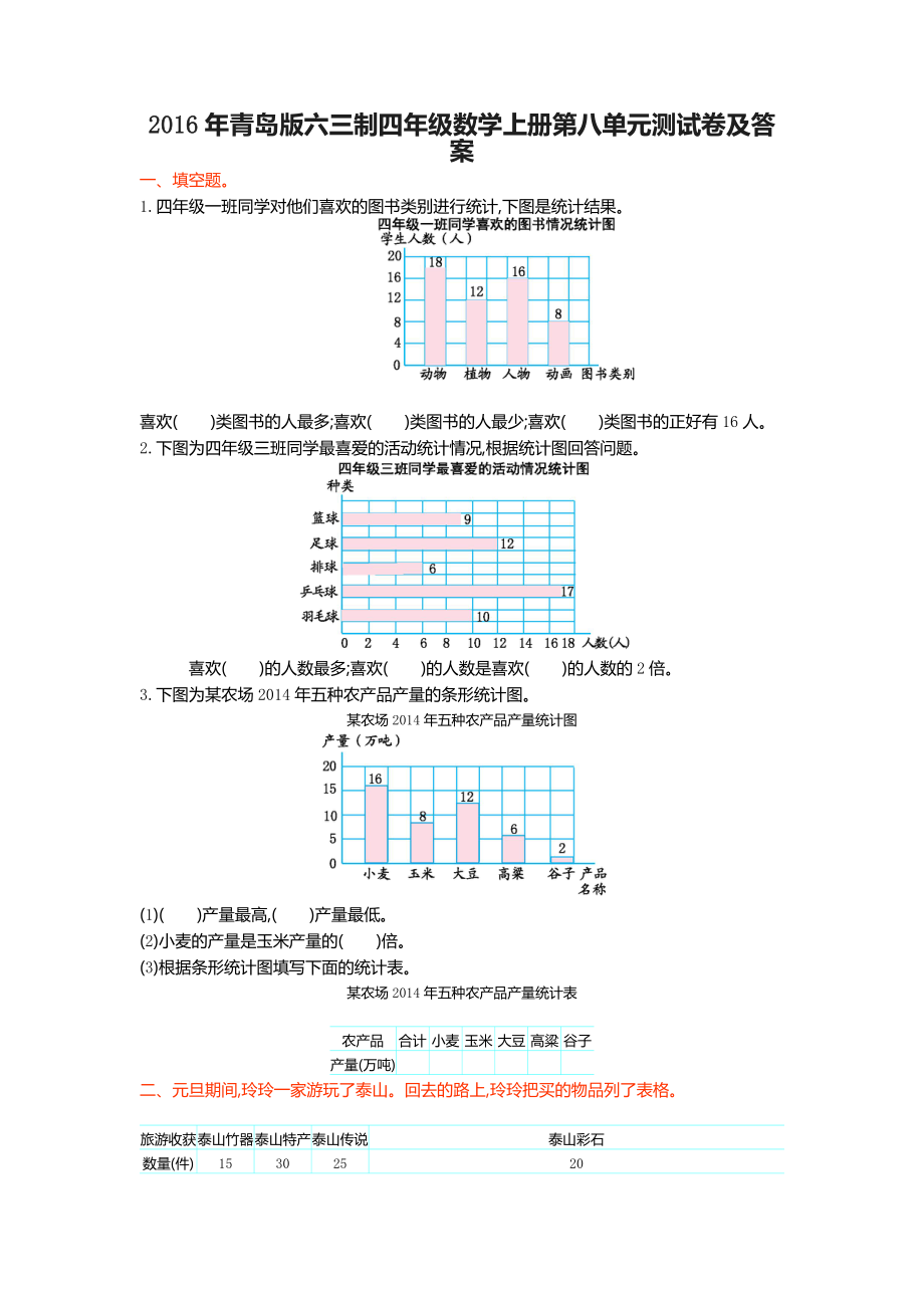 2016年青岛版六三制四年级数学上册第八单元测试卷及答案_第1页