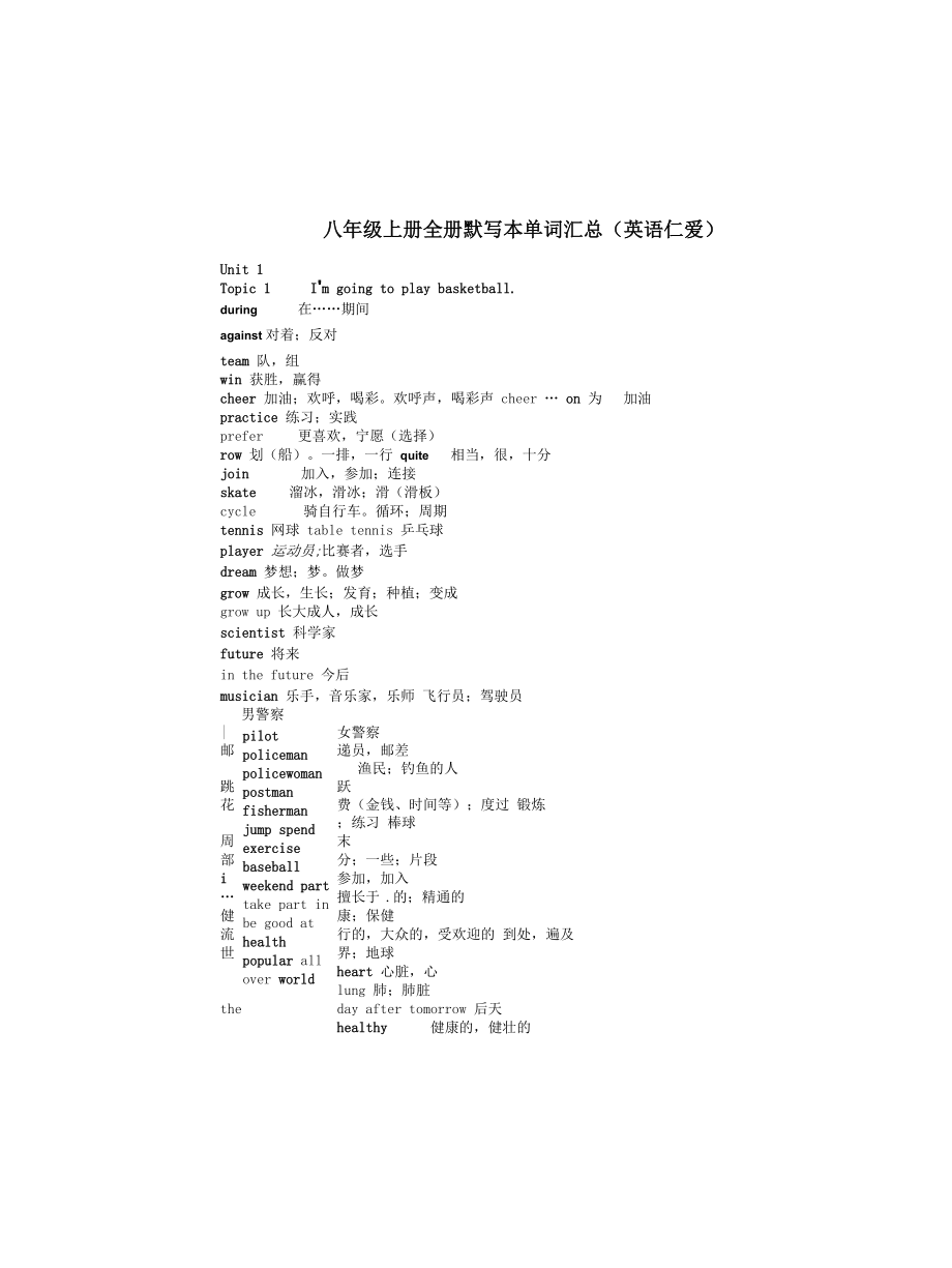 八年级上册全册默写本单词汇总(英语)(仁爱)_第1页