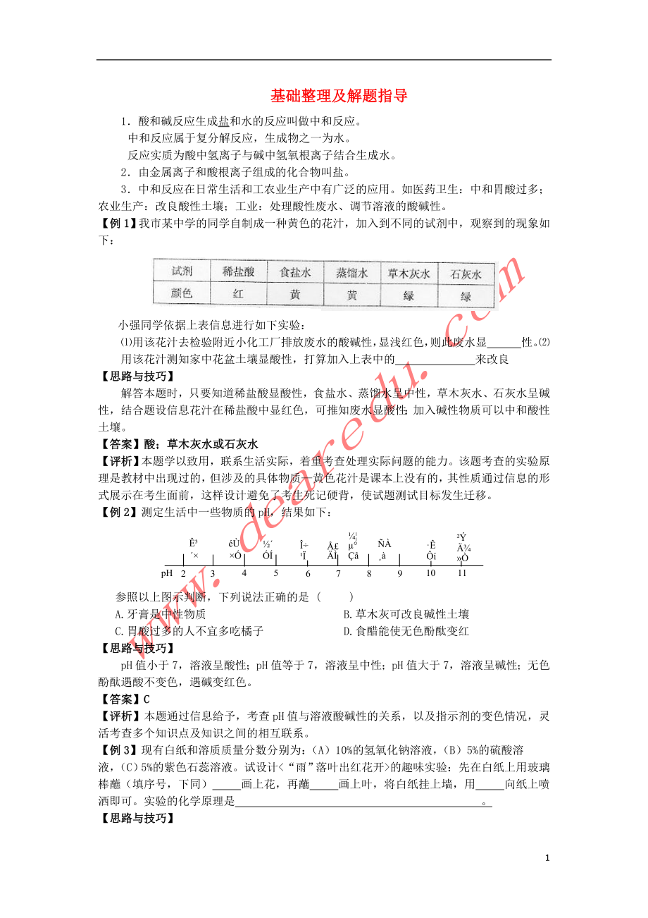 九年级化学下册 第十单元 课题2 酸和碱的中和反应 基础整理及解题指导素材 新人教版_第1页