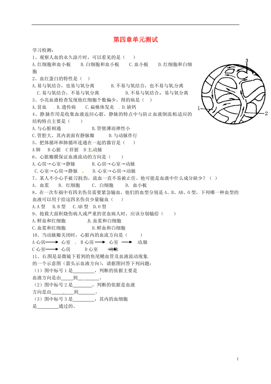 山东省文登区天福山中学八年级生物下册 第四章单元综合测试（无答案） 新人教版_第1页